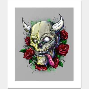 Skull with red roses Posters and Art